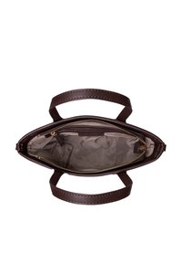 Brown leather handbag with a zip closure, dual short handles, and a smooth interior lining. Features an internal zip pocket for organization.
