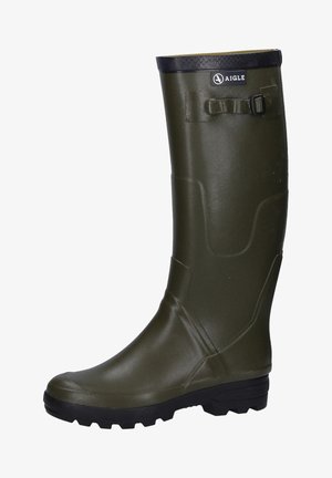 Green rubber knee-high boot with a textured finish, black rubber trim at the top, and a side strap buckle detail. Designed for outdoor use.