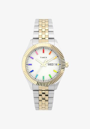 Ceas de mână Timex cu brățară metalică argintie și aurie, cadran alb, marcaje orare multicolore, bezel auriu și afișaj zi-dată care indică Mi 14.