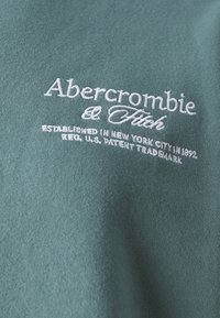 Felpa verde con una texture morbida. Presenta un logo e un testo ricamati bianchi, che indicano il marchio e i dettagli di fondazione.
