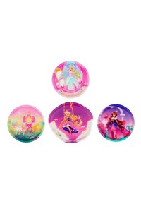 Ensemble de quatre assiettes en plastique colorées, présentant des illustrations de princesses en rose, violet et bleu. Les motifs incluent des licornes et des paysages.