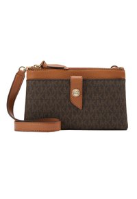 Brun monogrammeret stof håndledslet med en lys brun læderkant, lynlåslukning og aftagelig rem. Har et guld logoaccent.