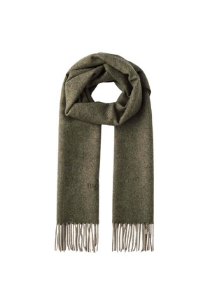 Olive green scarf made of textured fabric with a herringbone pattern. Features fringe ends and a small logo on one side.