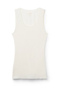 Débardeur blanc sans manches en coton doux, avec un décolleté arrondi et une texture lisse et légère. Design simple sans motifs.