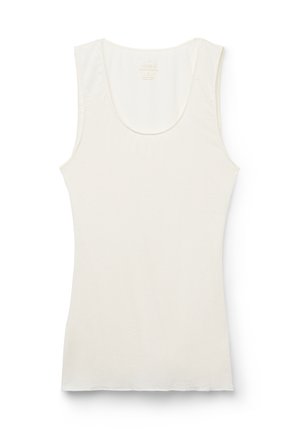 Débardeur blanc sans manches en coton doux, avec un décolleté arrondi et une texture lisse et légère. Design simple sans motifs.