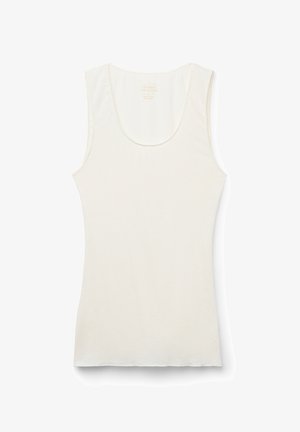 Canotta bianca senza maniche realizzata in morbido cotone, con scollatura arrotondata e una texture leggera e liscia. Design semplice senza motivi.