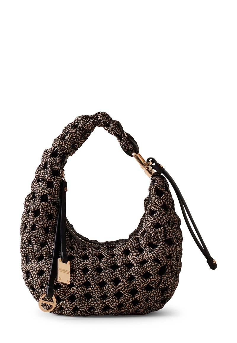 Geflochtene schwarze und beige Handtasche mit einem geknoteten Schulterriemen, ausgestattet mit goldenen Hardware-Accessoires und einem offenen Oberteil mit Reißverschluss.
