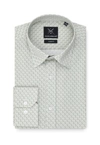 Slim fit koszula w jasnozielonym kolorze z powtarzającym się wzorem paisley. Posiada klasyczny kołnierzyk oraz mankiety zapinane na jeden guzik, wykonana z miękkiej tkaniny.