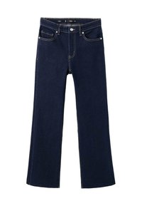 Mørkeblå jeans med lige ben, foran knap og lynlås, for- og møntlomme samt kontrastsyning på hvid baggrund.