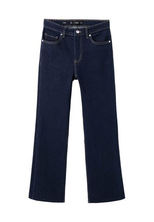 Jean bleu foncé à jambes droites avec bouton et fermeture éclair à l'avant, poches avant et petite poche, et coutures contrastées sur fond blanc.