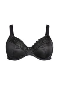 Black underwire bra with lace accents, smooth fabric, scalloped edges, and adjustable straps. Features a small central bow detail.