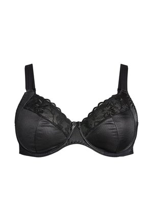Black underwire bra with lace accents, smooth fabric, scalloped edges, and adjustable straps. Features a small central bow detail.