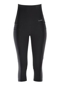 Korkeavyötäröiset mustat capri-legginssit, jotka on tehty joustavasta kankaasta. Niissä on kaksi sivutaskua ja sileät saumat mukavuutta ja joustavuutta varten.