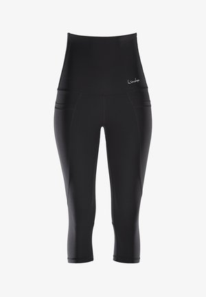 High-waisted black capri leggings made of stretchy fabric, featuring two side pockets and smooth seams for comfort and flexibility.