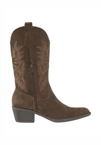 Botas de vaquero de ante marrón con diseños bordados, cremallera lateral y tacón apilado. La puntera es puntiaguda y tiene un acabado suave.