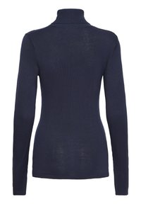 Tamno plava turtleneck džemper dugih rukava s uskim strukom i rebrastim ovratnikom, manžetama i donjim rubom, prikazan s leđa.