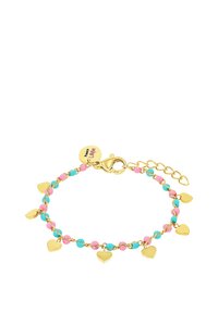 Armband in Goldtönen mit rosa und blauen Perlenakzenten. Mit kleinen Herzanhängern und einem Karabinerhaken; verstellbare Kette zur Größenanpassung.
