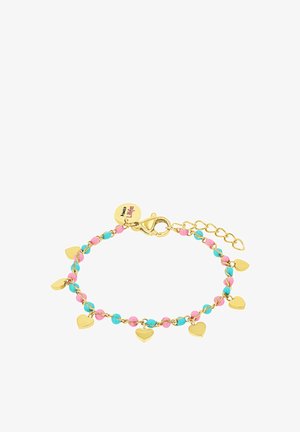 Goudkleurige armband met roze en blauwe kraalaccenten. Voorzien van kleine hartjescharms en een kreeftsluitingen; verstelbare ketting voor maataanpassing.