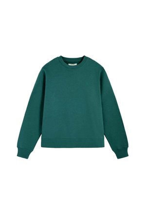 Mørkegrøn crewneck sweatshirt med lange ærmer og ribbet kant ved ærmer og bund, ensfarvet med lille broderet detalje foran.