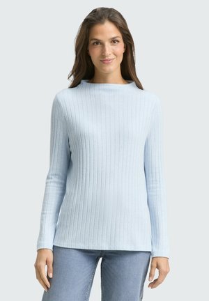 Top lungo a maniche lunghe blu chiaro a coste con scollatura a barca. Morbido al tatto, design aderente e orlo dritto. Abbinato a jeans blu chiaro.