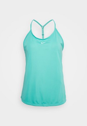 Débardeur Nike turquoise avec un dos nageur et une bretelle réglable. Il présente un petit logo blanc sur la poitrine et un tissu lisse et respirant.