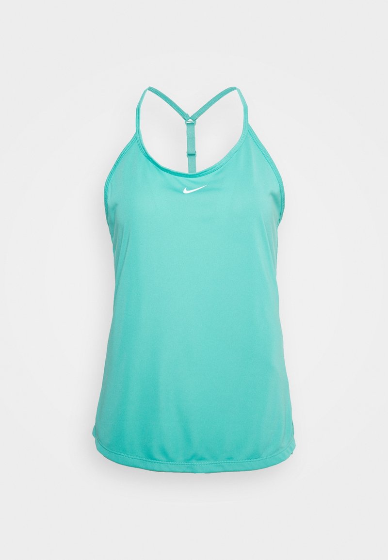 Débardeur Nike turquoise avec un dos nageur et une bretelle réglable. Il présente un petit logo blanc sur la poitrine et un tissu lisse et respirant.