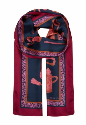 Seidenschal mit dunkelblauem Grund und rosa Illustrationen und Motiven. Mit bordeauxrotem Rand und kunstvollen Bordürendetails.