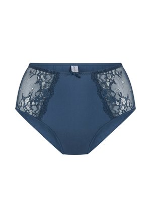 Hoge taille donkerblauwe slipjes met kanten zijpanelen en golvende details. Zacht materiaal met een gladde textuur en een klein strikje aan de voorkant.
