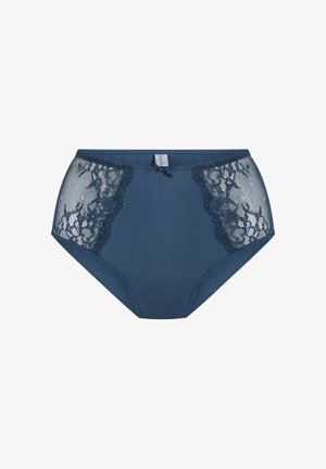 Hoge taille donkerblauwe slipjes met kanten zijpanelen en golvende details. Zacht materiaal met een gladde textuur en een klein strikje aan de voorkant.