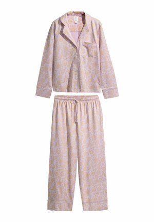 Top de pijama cu mâneci lungi, cu nasturi, buzunar la piept și pantaloni cu talie elastică asortați, în roz deschis, cu model floral paisley bej.