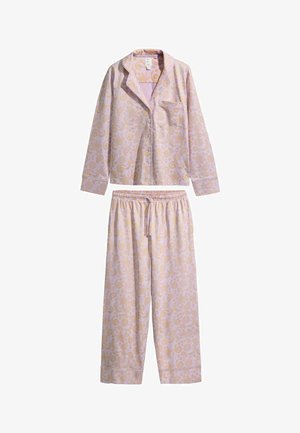 Langärmliges, zum Knöpfen geschlossenes Pyjama-Oberteil mit Brusttasche und passenden Hosen mit elastischem Bund in Hellrosa mit beigem Blumen-Paisley-Muster.