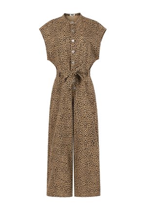 Luipaardprint jumpsuit met een kraag, korte mouwen, naadloze zijzakken, tailleband en knoopsluiting aan de voorkant.