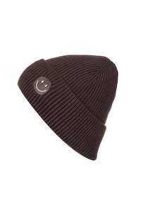 Brown knit beanie with ribbed texture featuring a small embroidered smiley face logo on the side. Soft material, snug fit.