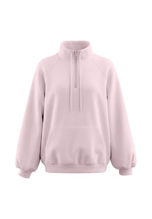 Hellrosa Pullover-Sweatshirt mit hohem Kragen, halbem Reißverschluss vorne, Kordelzügen, langen Puffärmeln und einer Kängurutasche vorne.