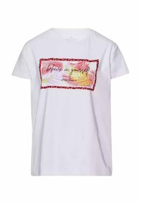 Biała bawełniana koszulka z prostokątną grafiką przedstawiającą kolorowe liście palmowe oraz napisem "Uwierz w siebie", otoczone wzorem lamparta.