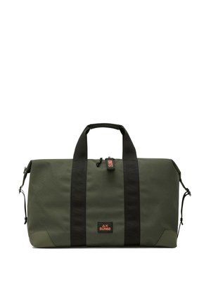 Borsa da viaggio rettangolare verde oliva con manici neri, spallacci neri e una piccola toppa logo "SUN68" arancione sul davanti.