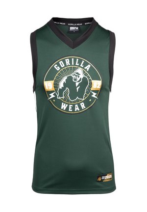Groen mouwloos sportshirt met zwarte accenten, voorzien van een witte en gouden gorilla-afbeelding, "GORILLA WEAR" logo en fabrikantlabel.