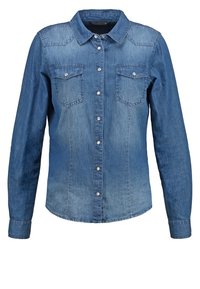 Camicia in denim di un blu medio, con chiusura a bottoni sul davanti, due tasche sul petto e colletto classico. Maniche lunghe con polsini a bottoni.