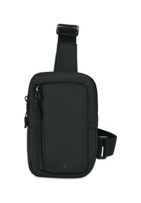 Czarna nylonowa torba na ramię z zasuwaną przednią kieszenią, regulowanym paskiem, prostokątnym kształtem i teksturowaną powierzchnią. Logo marki z przodu.