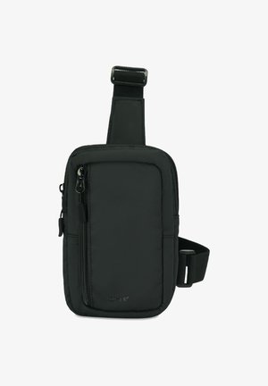 Czarna nylonowa torba na ramię z zasuwaną przednią kieszenią, regulowanym paskiem, prostokątnym kształtem i teksturowaną powierzchnią. Logo marki z przodu.