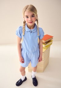 Blå ternet romper med korte pufærmer, krave og elastik i taljen. Kombineret med hvide sokker og sorte sko. Står på en træblok.
