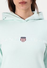 Mündroheline kapuutsiga sviiter, millel on trükitud logo, mis sisaldab kilpi, tähti ja teksti "GANT 1949 AMERICAN SPORTSWEAR." Pehme kangastekstuuri.