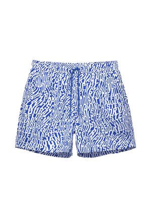 Blaue Schwimmshorts mit einem weißen abstrakten Textmuster. Verfügt über einen elastischen Bund und eine Kordel. Leichtes, glattes Material.