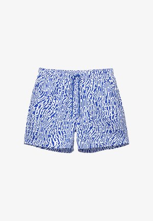 Blue swim shorts with a white abstract text pattern. Features an elastic waistband and drawstring. Lightweight, smooth fabric.