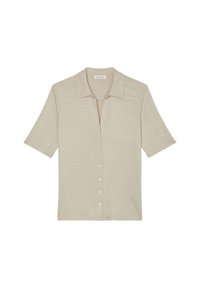 Beige kortærmet skjorte lavet af blødt stof, med en krave og en knaplukning foran med seks knapper. Enkel design.