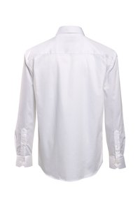 Valkoinen pitkähihaisen paita, suora selkä, napitettu hihansuu, terävä kaulus ja sileä pinta. Ei näkyviä kuvioita tai yksityiskohtia.