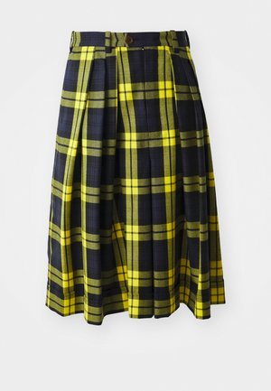 Knee-length plaid skirt made of woven fabric featuring yellow and black checks, pleated design, and a button closure at the waist.