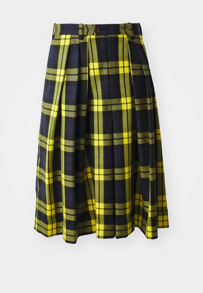 Κοντή φούστα με καρό σχέδιο από υφαντό ύφασμα, σε κίτρινες και μαύρες αποχρώσεις, με πτυχώσεις και κουμπί κλεισίματος στη μέση.