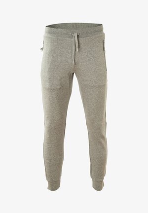 Hellgraue, schmal geschnittene Jogginghosen mit Kordelzug in der Taille, seitlichen Reißverschlusstaschen und gerippten Bündchen.