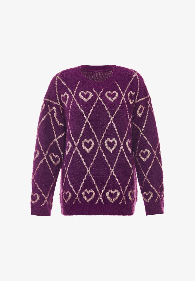 Pulover violet pufos, cu un model în diamant împodobit cu mici inimioare, conturat cu fir metallic. Guler rotund și mâneci lungi.
